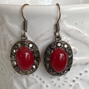 Ruby Red Marcasite SS Drop Earrings with Austrian Crystals Retro Glam Crimson